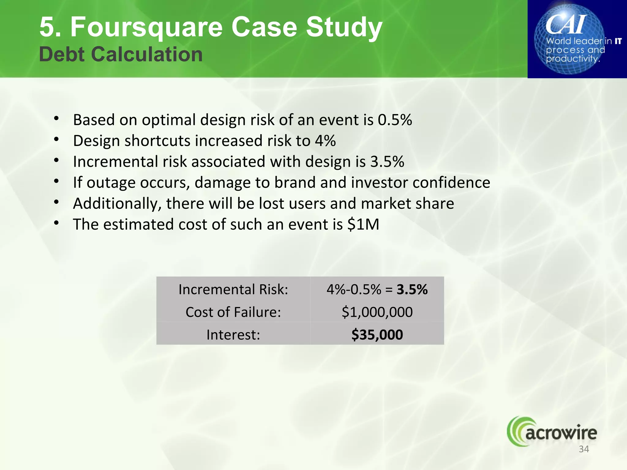 5. Foursquare Case Study
Debt Calculation


 •   Based on optimal design risk of an event is 0.5%
 •   Design shortcuts increased risk to 4%
 •   Incremental risk associated with design is 3.5%
 •   If outage occurs, damage to brand and investor confidence
 •   Additionally, there will be lost users and market share
 •   The estimated cost of such an event is $1M


                   Incremental Risk:   4%-0.5% = 3.5%
                    Cost of Failure:     $1,000,000
                       Interest:          $35,000




                                                                 34
 