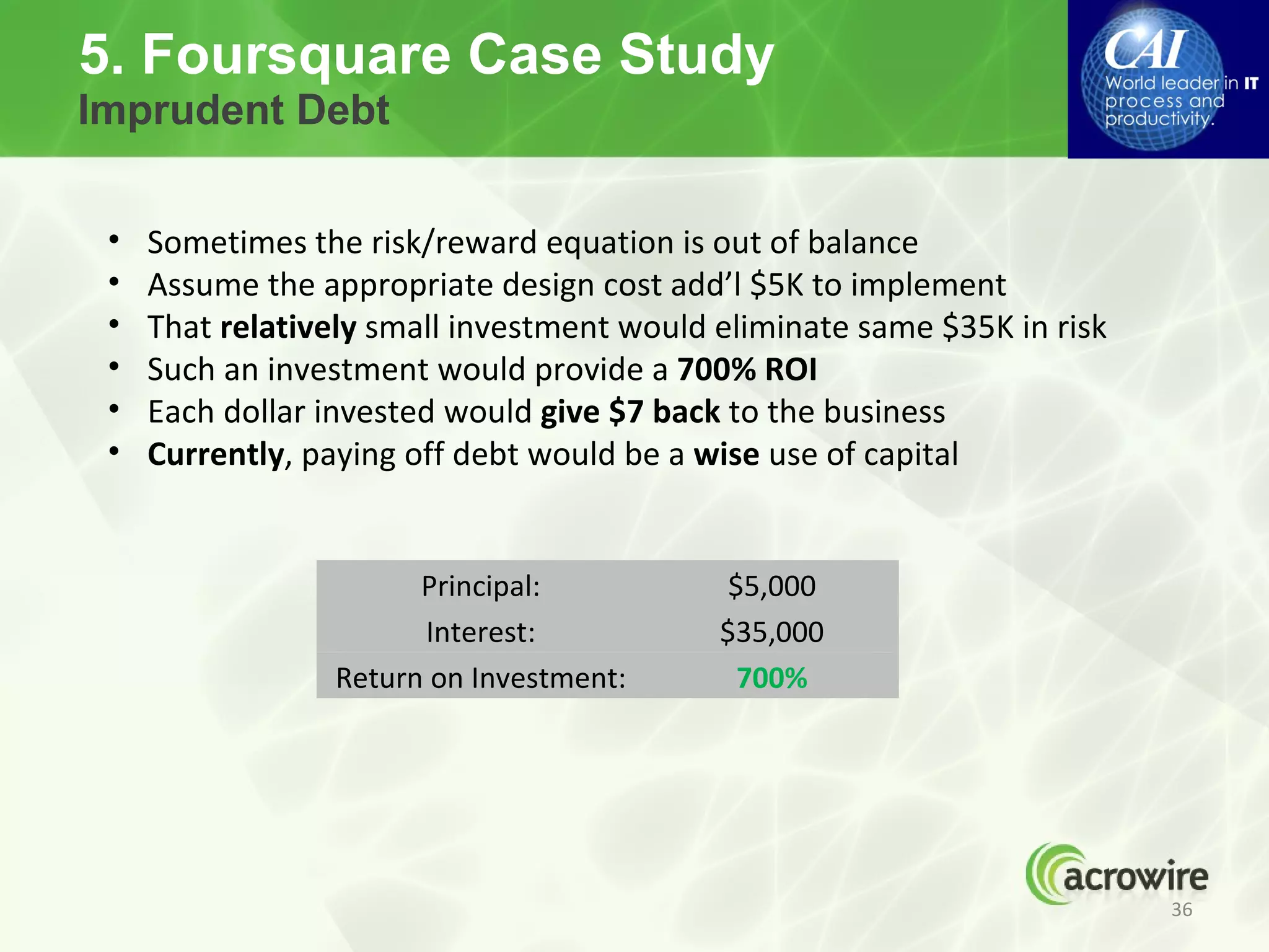 5. Foursquare Case Study
Imprudent Debt


 •   Sometimes the risk/reward equation is out of balance
 •   Assume the appropriate design cost add’l $5K to implement
 •   That relatively small investment would eliminate same $35K in risk
 •   Such an investment would provide a 700% ROI
 •   Each dollar invested would give $7 back to the business
 •   Currently, paying off debt would be a wise use of capital


                       Principal:            $5,000
                       Interest:            $35,000
                 Return on Investment:        700%




                                                                          36
 
