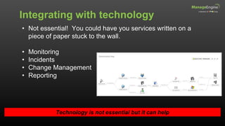 Integrating with technology
Technology is not essential but it can help
• Not essential! You could have you services written on a
piece of paper stuck to the wall.
• Monitoring
• Incidents
• Change Management
• Reporting
 