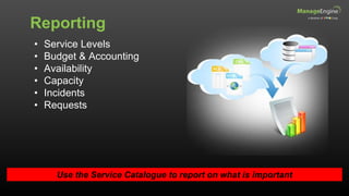• Service Levels
• Budget & Accounting
• Availability
• Capacity
• Incidents
• Requests
Reporting
Use the Service Catalogue to report on what is important
 