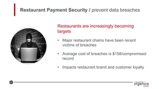 13
Restaurant Payment Security / prevent data breaches
Restaurants are increasingly becoming
targets
• Major restaurant chains have been recent
victims of breaches
• Average cost of breaches is $158/compromised
record
• Impacts restaurant brand and customer loyalty
 