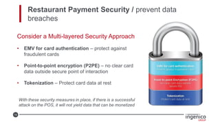 14
Restaurant Payment Security / prevent data
breaches
Consider a Multi-layered Security Approach
• EMV for card authentication – protect against
fraudulent cards
• Point-to-point encryption (P2PE) – no clear card
data outside secure point of interaction
• Tokenization – Protect card data at rest
With these security measures in place, if there is a successful
attack on the POS, it will not yield data that can be monetized
 