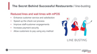 27
The Secret Behind Successful Restaurants / line-busting
Reduced lines and wait times with mPOS
• Enhance customer service and satisfaction
• Speed up the check out process
• Improve staff-customer engagements
• Increase payment security
• Allow customers to pay using any method
 