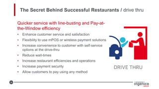 28
The Secret Behind Successful Restaurants / drive thru
Quicker service with line-busting and Pay-at-
the-Window efficiency
• Enhance customer service and satisfaction
• Flexibility to use mPOS or wireless payment solutions
• Increase convenience to customer with self-service
options at the drive-thru
• Reduce wait-times
• Increase restaurant efficiencies and operations
• Increase payment security
• Allow customers to pay using any method
 