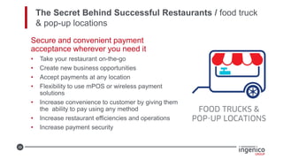 29
The Secret Behind Successful Restaurants / food truck
& pop-up locations
Secure and convenient payment
acceptance wherever you need it
• Take your restaurant on-the-go
• Create new business opportunities
• Accept payments at any location
• Flexibility to use mPOS or wireless payment
solutions
• Increase convenience to customer by giving them
the ability to pay using any method
• Increase restaurant efficiencies and operations
• Increase payment security
 