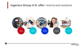 8
Ingenico Group U.S. offer / end-to-end solutions
Mobile
Solutions
Security
Solutions
Smart
Terminals
Services
& Support
ePayments
 
