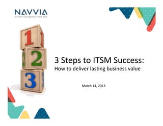 3	
  Steps	
  to	
  ITSM	
  Success:	
  
How	
  to	
  deliver	
  las7ng	
  business	
  value	
  

                 March	
  14,	
  2013	
  
 