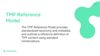 The TMF Reference Model provides
standardized taxonomy and metadata
and outlines a reference definition of
TMF content using standard
nomenclature.
11
TMF Reference
Model
 