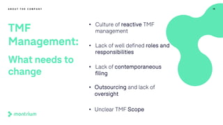 • Culture of reactive TMF
management
• Lack of well defined roles and
responsibilities
• Lack of contemporaneous
filing
• Outsourcing and lack of
oversight
• Unclear TMF Scope
15A B O U T T H E C O M P A N Y
TMF
Management:
What needs to
change
 