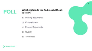 Which metric do you find most difficult
to track?
a) Missing documents
b) Completeness
c) Expired Documents
d) Quality
e) Timeliness
34
POLL
 
