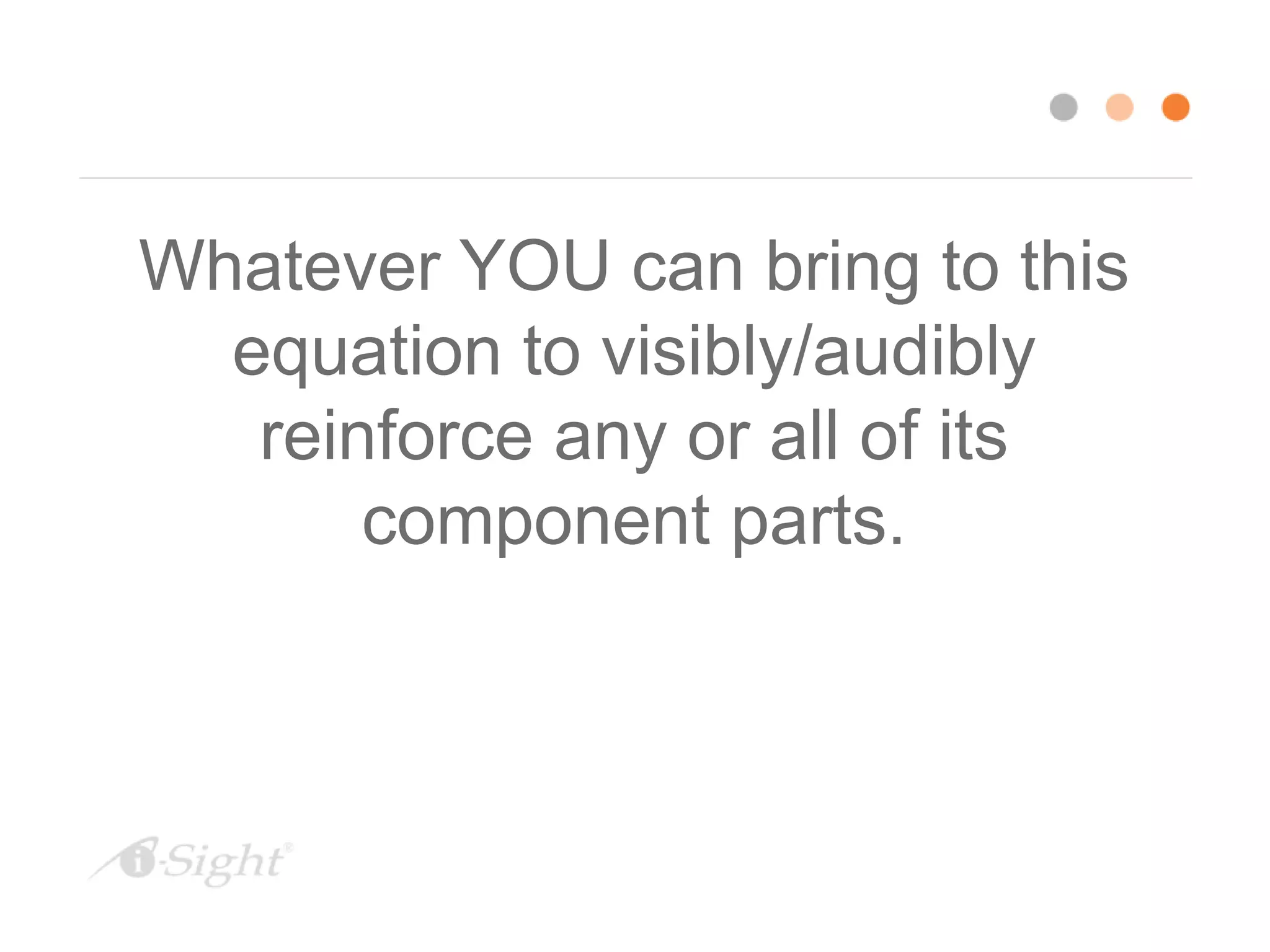 Whatever YOU can bring to this
equation to visibly/audibly
reinforce any or all of its
component parts.
 