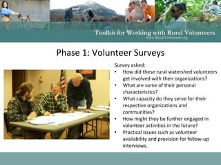 Toolkit for Working with Rural Volunteers
www.RuralVolunteer.org
What we learned:
A "typical” volunteer for a rural
waters...