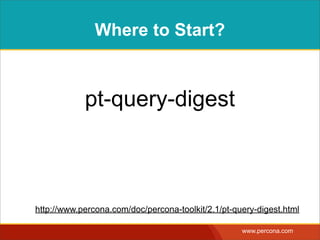 Where to Start?



            pt-query-digest



http://www.percona.com/doc/percona-toolkit/2.1/pt-query-digest.html

                                                    www.percona.com
 