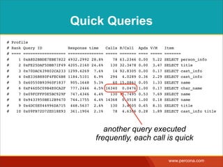 Quick Queries
# Profile
# Rank Query ID             Response time     Calls   R/Call    Apdx V/M     Item
# ==== ==================   ===============   =====   =======   ==== =====   =======
#    1 0xA8D2BBDE7EBE7822   4932.2992 28.8%      78   63.2346   0.00 5.22    SELECT person_info
#    2 0xFE25DAF5DBB71F49   4205.2160 24.6%     130   32.3478   0.00 3.47    SELECT title
#    3 0x70DAC639802CA233   1299.6269 7.6%       14   92.8305   0.00 0.17    SELECT cast_info
#    4 0xE336B880F4FEC4B8   1184.5101 6.9%      294    4.0289   0.36 2.29    SELECT cast_info
#    5 0x60550B93960F1837    905.1648 5.3%       60   15.0861   0.05 1.33    SELECT name
#    6 0xF46D5C09B4E0CA2F    777.2446 4.5%    16340    0.0476   1.00 0.17    SELECT char_name
#    7 0x09FCFFF0E5BC929F    747.4346 4.4%      130    5.7495   0.53 7.69    SELECT name
#    8 0x9433950BE12B9470    744.1755 4.4%    14368    0.0518   1.00 0.18    SELECT name
#    9 0x4DC0E044996DA715    448.5637 2.6%      130    3.4505   0.65 8.31    SELECT title
#   10 0x09FB72D72ED18E93    361.1904 2.1%       78    4.6306   0.28 1.89    SELECT cast_info title



                                          another query executed
                                       frequently, each call is quick

                                                                              www.percona.com
 