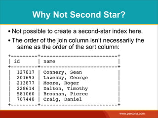 Why Not Second Star?
• Not possible to create a second-star index here.
• The order of the join column isn’t necessarily the
   same as the order of the sort column:
+---------+--------------------------+
| id      | name                     |
+---------+--------------------------+
| 127817 | Connery, Sean             |
| 201693 | Lazenby, George           |
| 213877 | Moore, Roger              |
| 228614 | Dalton, Timothy           |
| 581060 | Brosnan, Pierce           |
| 707448 | Craig, Daniel             |
+---------+--------------------------+
                                           www.percona.com
 