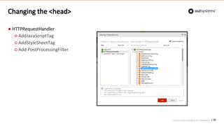 Top front-end techniques for OutSystems
Changing the <head>
● HTTPRequestHandler
○ AddJavaScriptTag
○ AddStyleSheetTag
○ Add PostProcessingFilter
59
 