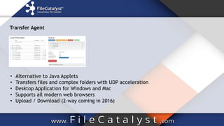 Transfer Agent
• Alternative to Java Applets
• Transfers files and complex folders with UDP acceleration
• Desktop Application for Windows and Mac
• Supports all modern web browsers
• Upload / Download (2-way coming in 2016)
 