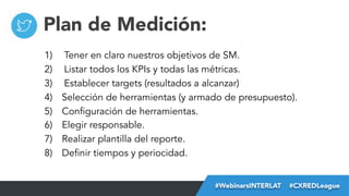 Plan de Medición:
1) 
2) 
3) 
4) 
5) 
6) 
7) 
8) 

Tener en claro nuestros objetivos de SM.
Listar todos los KPIs y todas las métricas.
Establecer targets (resultados a alcanzar)
Selección de herramientas (y armado de presupuesto).
Configuración de herramientas.
Elegir responsable.
Realizar plantilla del reporte.
Definir tiempos y periocidad.
#FormaciónEBusiness
#WebinarsINTERLAT  #CXREDLeague

 