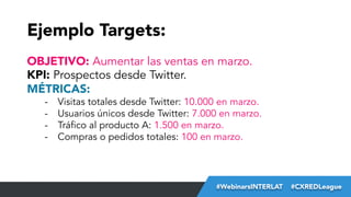 Ejemplo Targets:
OBJETIVO: Aumentar las ventas en marzo.
KPI: Prospectos desde Twitter.
MÉTRICAS:
- 
- 
- 
- 

Visitas totales desde Twitter: 10.000 en marzo.
Usuarios únicos desde Twitter: 7.000 en marzo.
Tráfico al producto A: 1.500 en marzo.
Compras o pedidos totales: 100 en marzo.

#FormaciónEBusiness
#WebinarsINTERLAT  #CXREDLeague

 