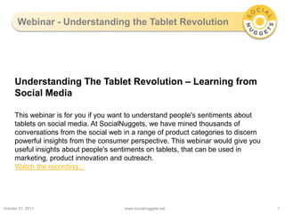 Webinar - Understanding the Tablet Revolution




     Understanding The Tablet Revolution – Learning from
     Social Media

     This webinar is for you if you want to understand people's sentiments about
     tablets on social media. At SocialNuggets, we have mined thousands of
     conversations from the social web in a range of product categories to discern
     powerful insights from the consumer perspective. This webinar would give you
     useful insights about people's sentiments on tablets, that can be used in
     marketing, product innovation and outreach.
     Watch the recording...




October 31, 2011                       www.socialnuggets.net                         1
 