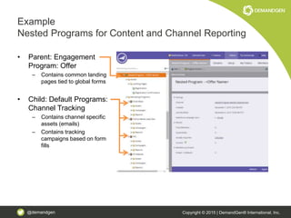 @demandgen Copyright © 2015 | DemandGen® International, Inc.
Example
Nested Programs for Content and Channel Reporting
• Parent: Engagement
Program: Offer
– Contains common landing
pages tied to global forms
• Child: Default Programs:
Channel Tracking
– Contains channel specific
assets (emails)
– Contains tracking
campaigns based on form
fills
 