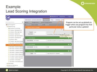 @demandgen Copyright © 2015 | DemandGen® International, Inc.
Example
Lead Scoring Integration
Program can be set up globally to
trigger when any program has that
particular status updated
 