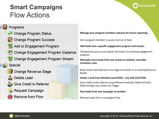 @demandgen Copyright © 2015 | DemandGen® International, Inc.
Smart Campaigns
Flow Actions
Manage your program members statuses for future reporting.
Set a program member’s success to true or false.
Add leads into a specific engagement program and stream.
Temporarily pause nurturing for the lead in an existing engagement
program.
Delete a lead from Marketo (and SFDC). Use with CAUTION.
Give credit to the referrer using different methods: Referred Visits;
Referred Sign-Ups; Smart List Trigger
Pass leads from one campaign to another.
Remove leads from a campaigns flow.
Move leads manually from one stage to another in an existing Revenue
Model.
Manually move leads from one stream to another, overrides
transition rules.
 