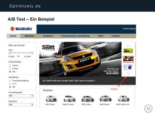 | 23
O p t i m i z e l y . d e
A/B Test – Ein Beispiel
 