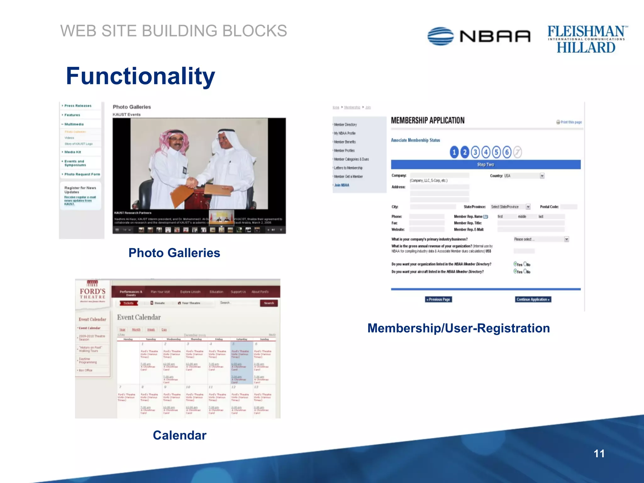 WEB SITE BUILDING BLOCKS Functionality Calendar Photo Galleries Membership/User-Registration 