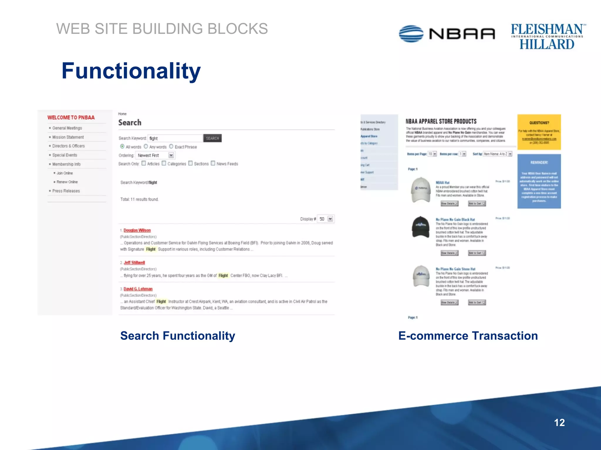 WEB SITE BUILDING BLOCKS Functionality E-commerce   Transaction Search   Functionality 
