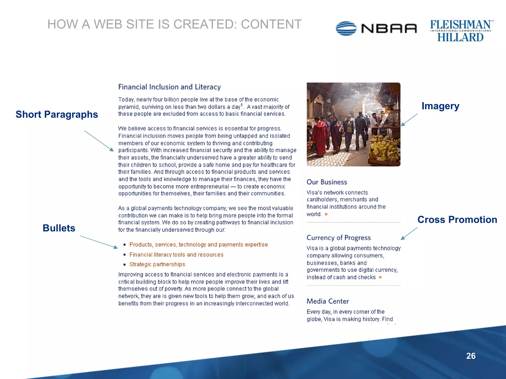 HOW A WEB SITE IS CREATED: CONTENT Bullets Short Paragraphs Imagery Cross Promotion 