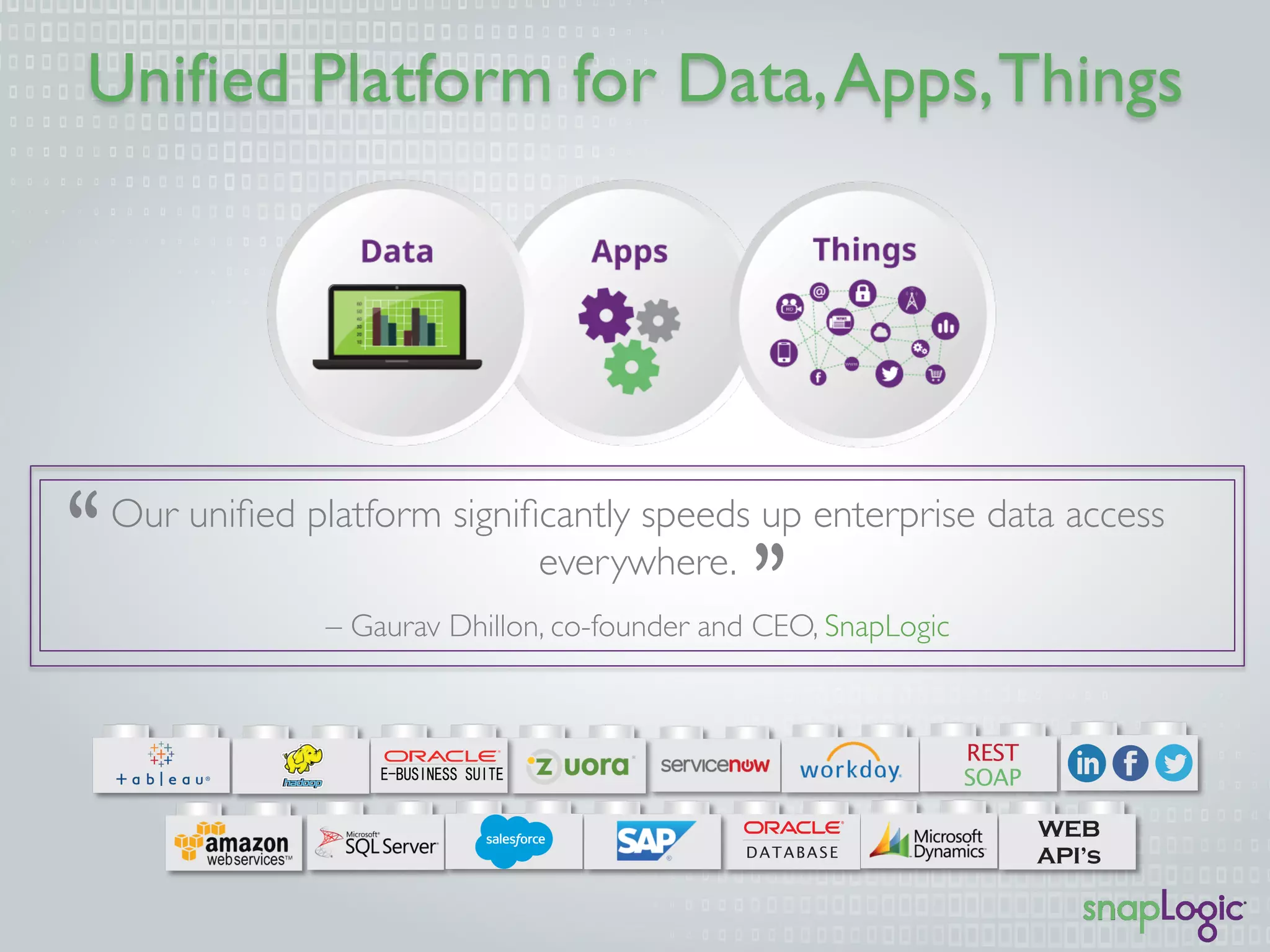 Unified Platform for Data,Apps,Things
Our uniﬁed platform signiﬁcantly speeds up enterprise data access
everywhere.
– Gaurav Dhillon, co-founder and CEO, SnapLogic
 