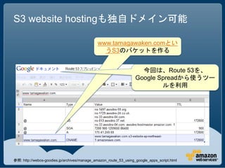 S3 website hostingも独自ドメイン可能

                                             www.tamagawaken.comとい
                                               うS3のバケットを作る


                                                                    今回は、Route 53を、
                                                                  Google Spreadから使うツー
                                                                          ルを利用




参照: http://webos-goodies.jp/archives/manage_amazon_route_53_using_google_apps_script.html
 