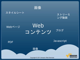 画像
スタイルシート
                                                  ストリーミ
                                                  ング動画


Webページ     Web
                                                  ブログ
          コンテンツ
PDF                                          Javascript

              画像


           Copyright © 2011 Amazon Web Services
 