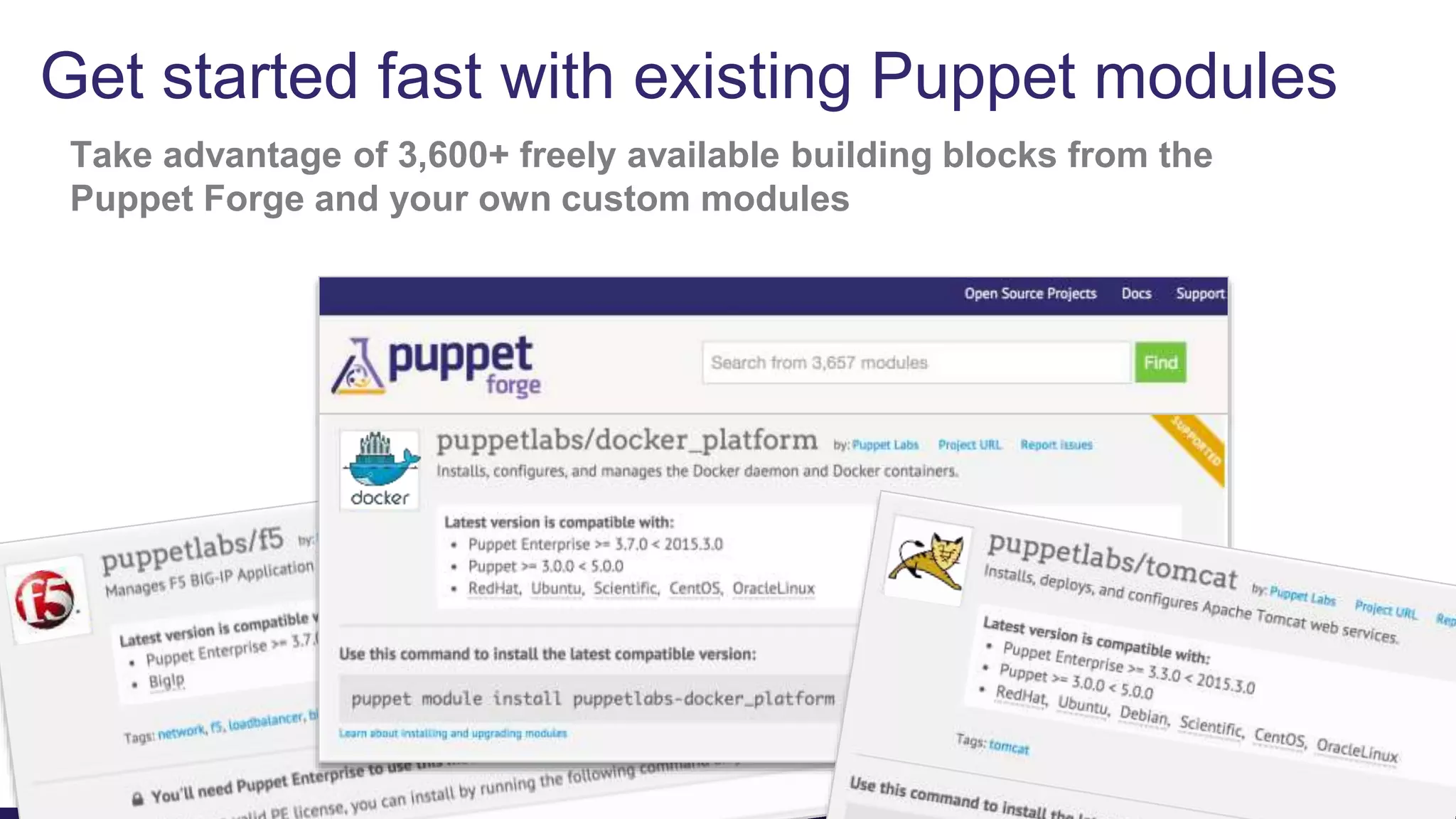 Take advantage of 3,600+ freely available building blocks from the
Puppet Forge and your own custom modules
Get started fast with existing Puppet modules
 