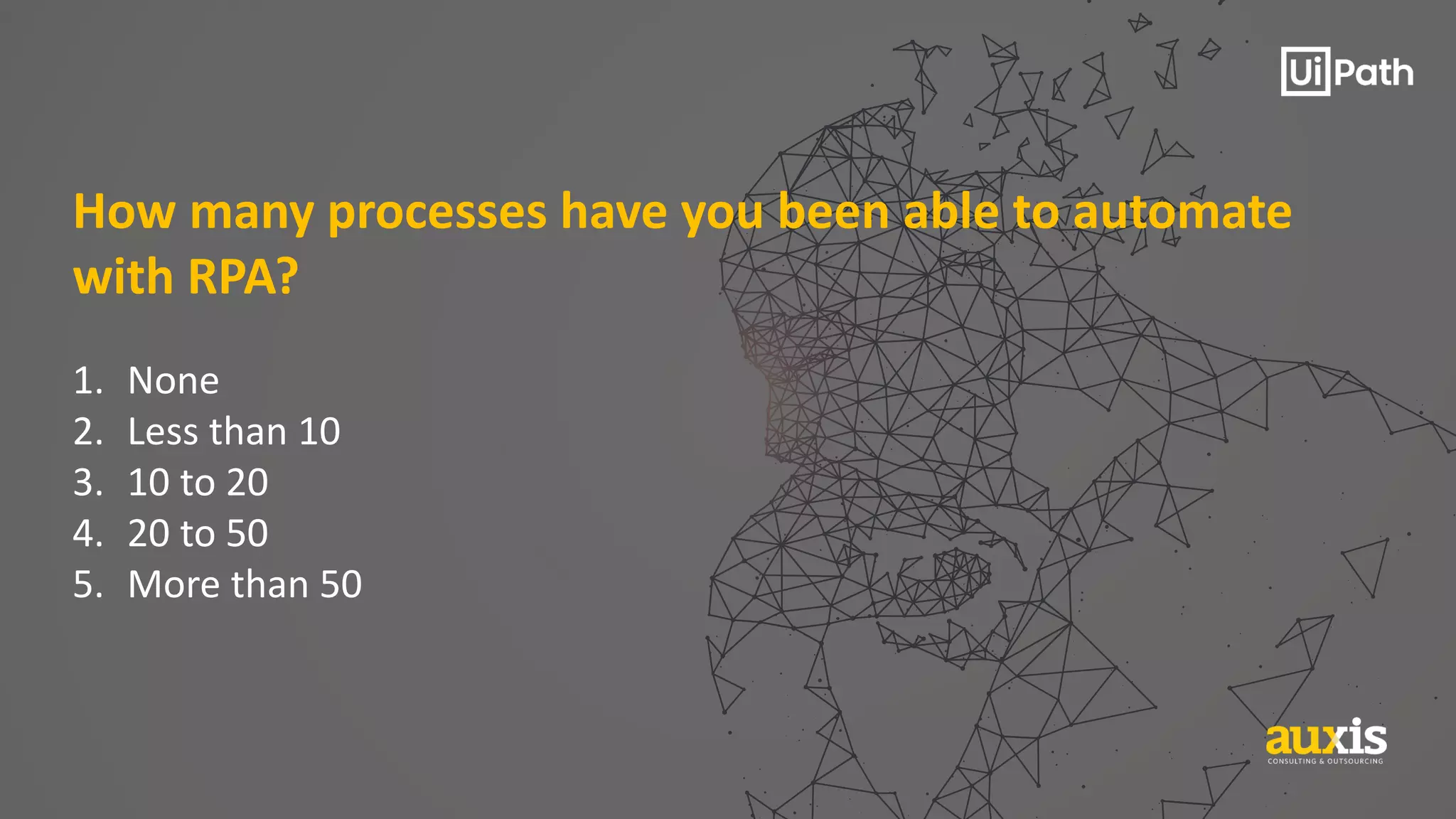 How many processes have you been able to automate
with RPA?
1. None
2. Less than 10
3. 10 to 20
4. 20 to 50
5. More than 50
 