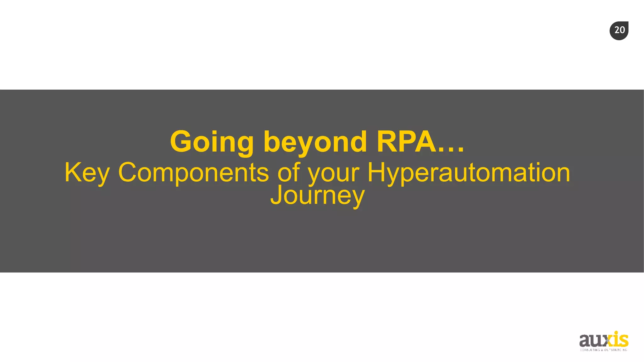 20
Going beyond RPA…
Key Components of your Hyperautomation
Journey
 