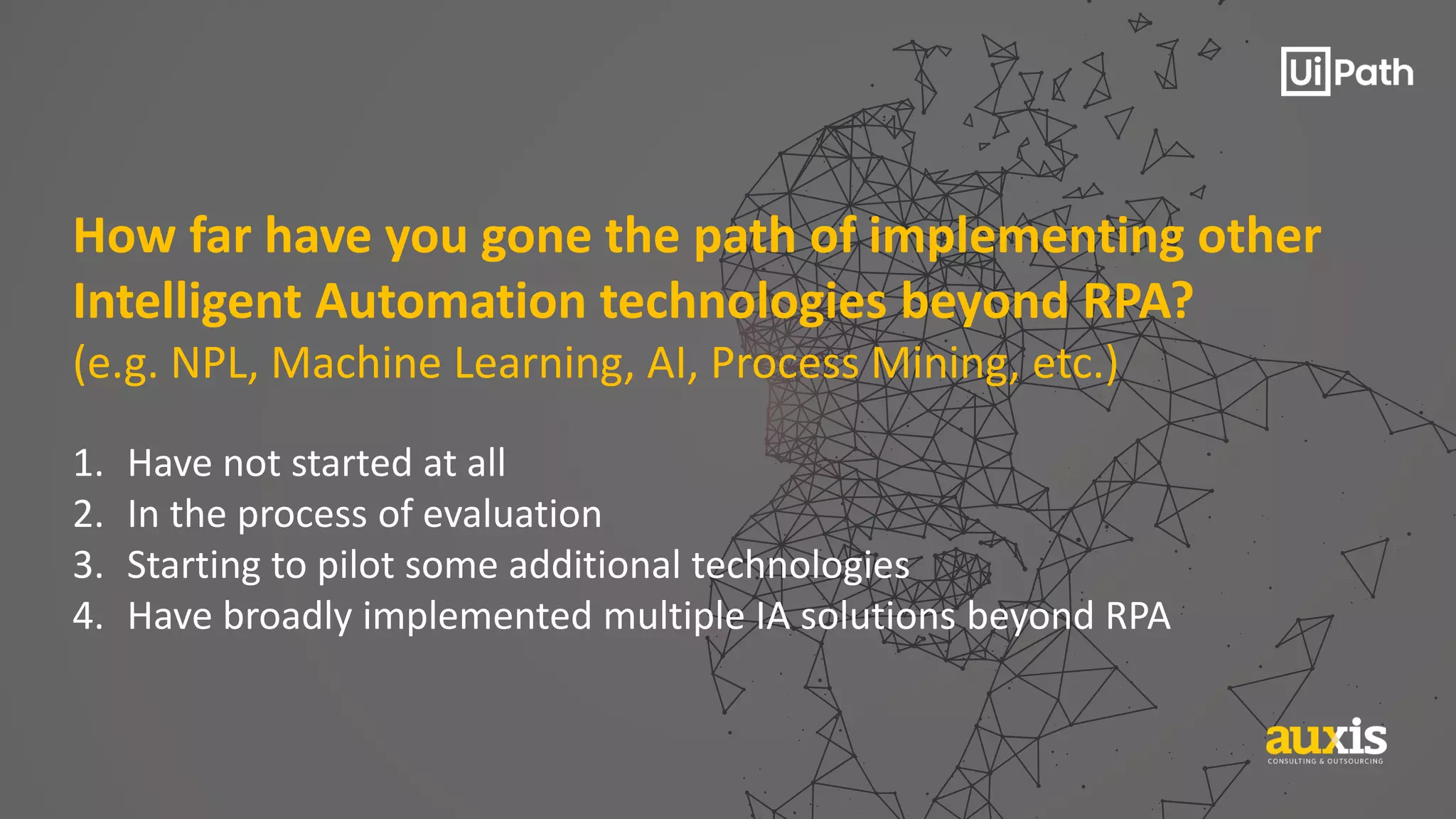 How far have you gone the path of implementing other
Intelligent Automation technologies beyond RPA?
(e.g. NPL, Machine Learning, AI, Process Mining, etc.)
1. Have not started at all
2. In the process of evaluation
3. Starting to pilot some additional technologies
4. Have broadly implemented multiple IA solutions beyond RPA
 