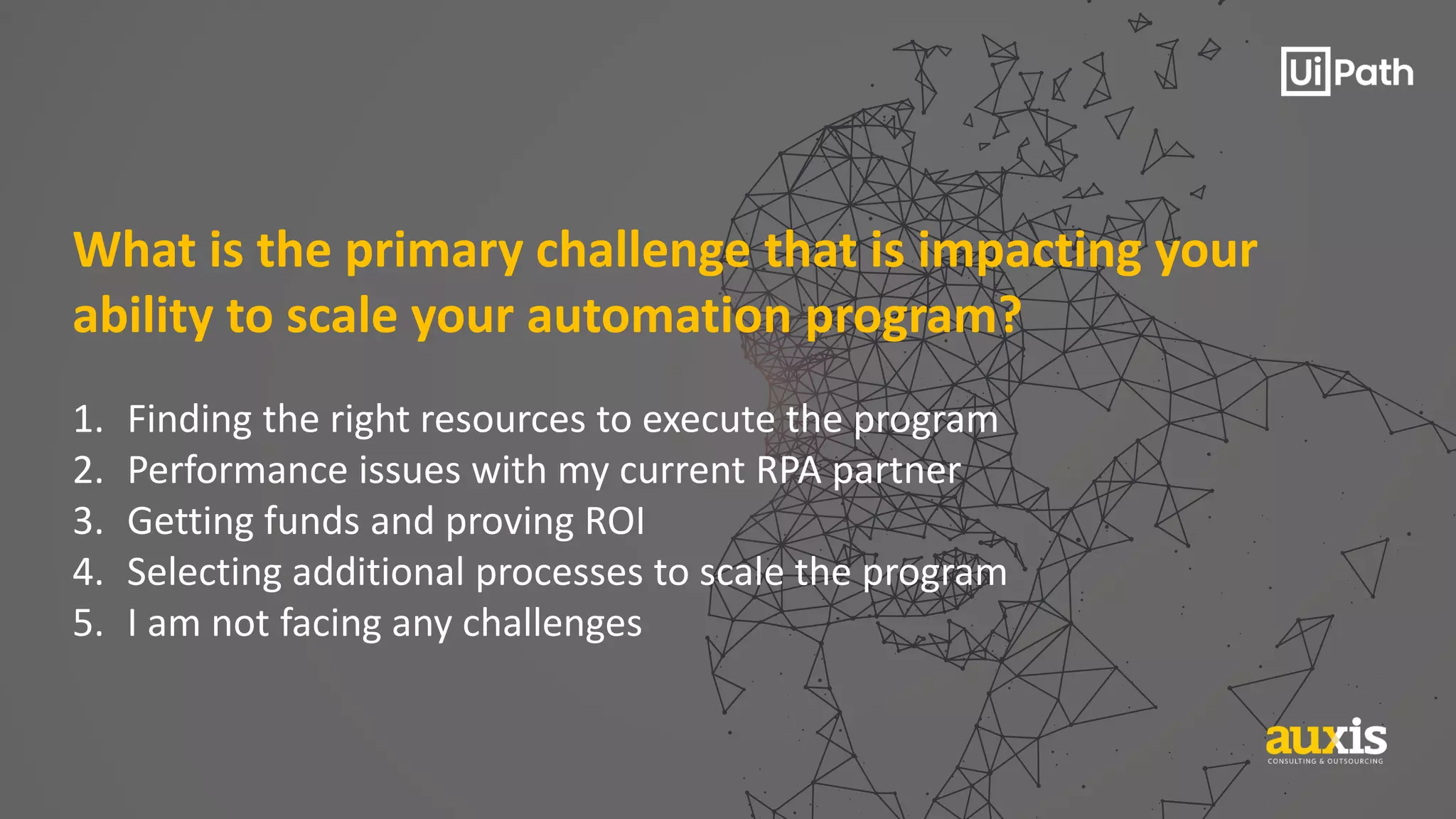 What is the primary challenge that is impacting your
ability to scale your automation program?
1. Finding the right resources to execute the program
2. Performance issues with my current RPA partner
3. Getting funds and proving ROI
4. Selecting additional processes to scale the program
5. I am not facing any challenges
 