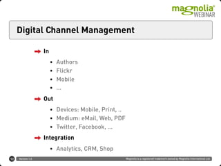 Version 1.0 Magnolia is a registered trademark owned by Magnolia International Ltd.
Digital Channel Management
12
In
• Authors
• Flickr
• Mobile
• ...
Out
• Devices: Mobile, Print, ..
• Medium: eMail, Web, PDF
• Twitter, Facebook, ...
Integration
• Analytics, CRM, Shop
 
