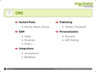Version 1.0 Magnolia is a registered trademark owned by Magnolia International Ltd.
CMS
Content Pools
• Article, News, Events
DAM
• Video
• Originals
• Flickr, ...
Integrations
• eCommerce
• Database
Publishing
• Twitter, Facebook
Personalization
• Persona
• A/B Testing
23
 