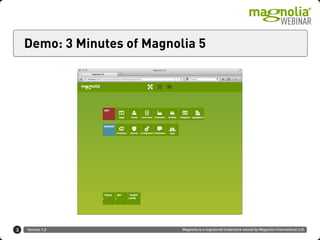 Version 1.0 Magnolia is a registered trademark owned by Magnolia International Ltd.
Demo: 3 Minutes of Magnolia 5
3
 