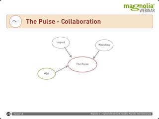 Version 1.0 Magnolia is a registered trademark owned by Magnolia International Ltd.
Text
The Pulse - Collaboration
25
The Pulse
Workflow
Import
App
 