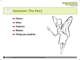 Version 1.0 Magnolia is a registered trademark owned by Magnolia International Ltd.
Assistant: The Fairy
Future
Ideas
Features
Wishes
Things you could do
5
 