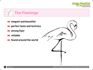 Version 1.0 Magnolia is a registered trademark owned by Magnolia International Ltd.
The Flamingo
elegant and beautiful
perfect tools and technics
strong flyer
reliable
found around the world
9
 