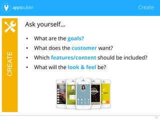 12
Create
CREATE
• What are the goals?
• What does the customer want?
• Which features/content should be included?
• What will the look & feel be?
Ask yourself…
 