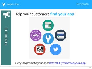 14
Promote
PROMOTE
Help your customers find your app
7 ways to promote your app: http://bit.ly/promote-your-app
 
