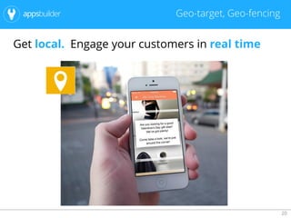 20
Geo-target, Geo-fencing
Get local. Engage your customers in real time
 