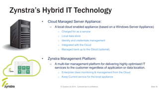 Zynstra’s Hybrid IT Technology
• Cloud Managed Server Appliance:
– A local cloud enabled appliance (based on a Windows Server Appliance)
o Charged for as a service
o Local data store
o Identity and credentials management
o Integrated with the Cloud
o Managed back up to the Cloud (optional)
• Zynstra Management Platform:
– A multi-tier management platform for delivering highly optimised IT
services to the customer regardless of application or data location.
o Enterprise class monitoring & management from the Cloud
o Keep Current service for the local appliance
Slide 18© Zynstra Ltd 2014. Commercial-in-confidence.
 