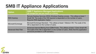 SMB IT Appliance Applications
Option SMB IT Appliance Managed Applications
(All charged per user per month or in packs)
RDS Desktop
Remote Desktop Services (RDS) Windows Desktop access. This utilises at least 1
Small VM. The scale of the VM required is dependent on the number of users.
Requires RDS Application Option.
Microsoft Exchange
Microsoft Exchange Standard. This utilises at least 1 Medium VM. The scale of the
VM is dependent on the number of users.
Advanced Web Filter
Advanced Internet filtering from E2BN Protex. This utilises at least 1 Extra Small VM.
The scale of the VM is dependent on the number of users. (Note that this application
cannot be provided in a DR scenario.)
© Zynstra Ltd 2014. Commercial-in-confidence. Slide 23
 